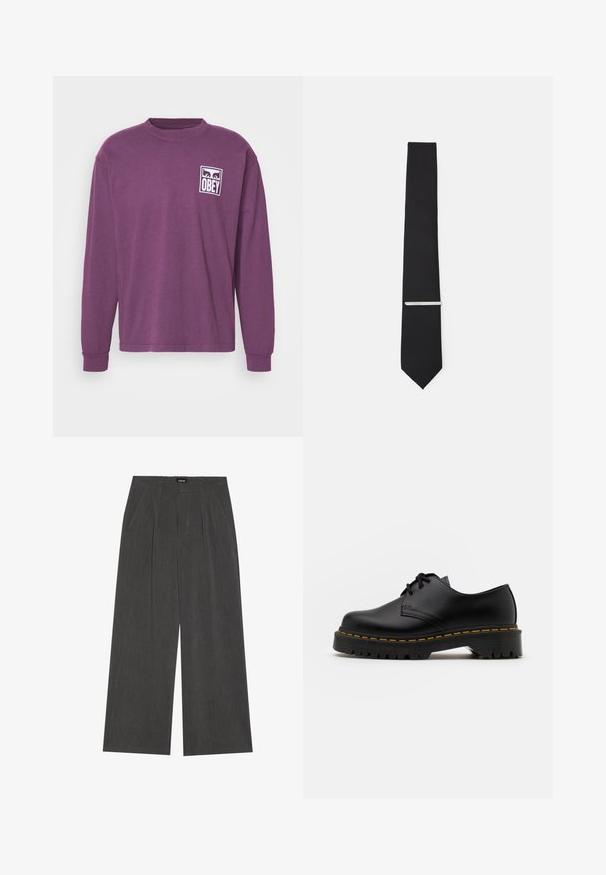 Lila hosszú ujjú pamut póló. Bal mellen fehér grafikus logó található, ami az "OBEY" feliratot viseli. Kerek nyakkivágású, laza szabású.; Sötét szürke szövetből készült, széles lábú nadrág, pleátolt elejével, két oldalsó zsebével és lapos derékrészével. Simara textúra és szabott dizájn.; Fekete bőr, fűzős cipő lekerekített orral, texturált gumitalppal és sárga varrással az alján. Lapos design és sima felület.; Simára készült fekete nyakkendő, keskeny szélességgel, ezüst nyakkendőcsipesz díszíti.