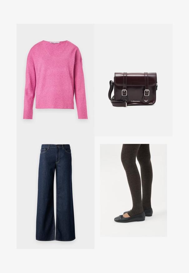 Roza pletena jopica z V-vratom, dolgimi rokavi, rebrastimi manšetami in mehko teksturo. Oblika ima nekoliko ohlapen kroj.; Široke hlače iz temnega modrega denima. Imajo kontrastno šivanje, pet žepov in gumbasto zapiranje v pasu. Gladka tekstura.; Črne ravne čevlje z majhnim lokom na prstih, v kombinaciji s temno rjavimi rebrastimi nogavicami. Čevlji imajo gladko teksturo in nizko obliko.; Burgundska patentna usnjena torbica čez ramo z pravokotno obliko, dvema trakovoma, srebrno kovinsko opremo in zapiranjem na preklop.