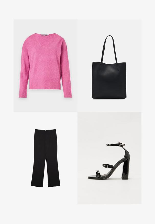 Rosa gestrickter Pullover mit V-Ausschnitt, langen Ärmeln, gerippten Bündchen und einer weichen Textur. Das Design hat eine leicht lockere Passform.; Schwarze Hose mit geradem Schnitt, ausgestattet mit Fronttaschen und Seitenschlitzen am Saum. Hergestellt aus weichem, glattem Stoff. Geeignet für verschiedene Anlässe.; Schwarze patentierte Sandalen mit Absatz, quadratischer Spitze, Knöchelriemen und silbernen Schnallen. Mit einem stabilen Blockabsatz für mehr Stabilität.; Schwarze Laptoptasche aus Leder mit glatter Textur, rechteckiger Form und zwei langen Griffen. Keine sichtbaren Beschläge oder Verzierungen.