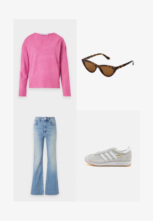 Roosa kudum särk V-kaelusega, pikad varrukad, soonikkraed ja pehme tekstuur. Kujundus on veidi lõdva istuvusega.; Heledad sinine flared teksapüksid, millel on kõrge vöökoht, viie tasku disain ja peen gradiseeruv hägusus alates hemist.; Heled hallid tossud, mis on valmistatud nubukist ja võrgust, millel on kolm valget triipu, ümmargune varvas ja kummist tald. Kuldne logoelement paelte lähedal.; Kassi vormiga prillid musta ja oranži kilpkonnakujulise raami, pruunide läätsede ja elegantsete teravate otstega. Templi juures on minimaalne logo.