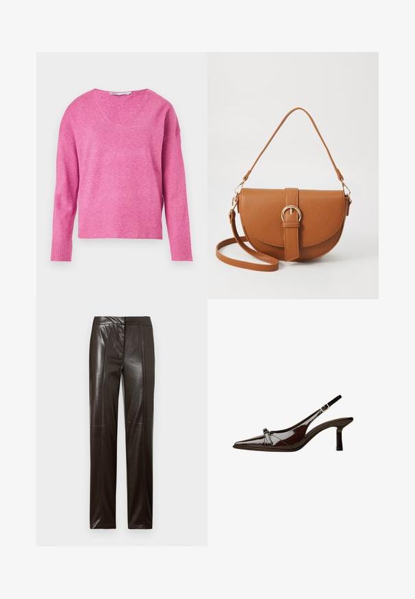 Roze gebreide trui met een V-hals, lange mouwen, geribbelde manchetten en een zachte textuur. Het ontwerp heeft een iets losse pasvorm.; Donkerbruine leren broek met rechte pijpen, een gladde afwerking en subtiele naden langs de voorkant.; Bruine gepatineerde leren slingback schoen met een spitse neus, lage hak en een decoratieve strikaccent aan de voorkant. Glad, glanzend oppervlak.; Bruine leren schoudertas met een gebogen vorm, gouden hardware en een gespaccent. Bevat een afneembare schouderriem.