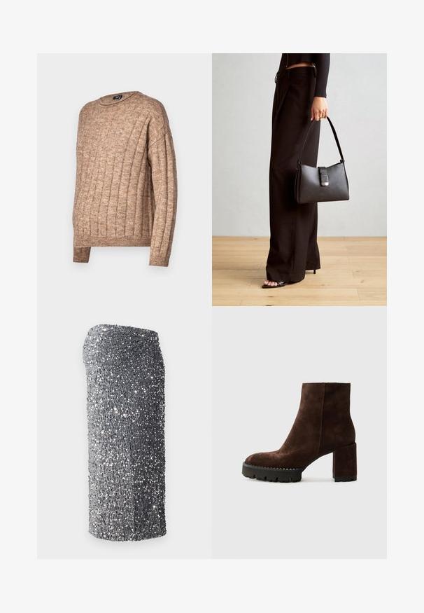 Hnědý žebrovaný svetr s kulatým výstřihem, který má texturovaný pletený design. Dlouhé rukávy a volný střih, s viditelnými švy.; Stříbrné flitrové šaty s přiléhavým střihem, hladkou texturou a odstupňovaným vzorem od tmavě šedé po světlou šedou, s krátkým lemem.; Kennel + Schmenger KATE - Kotníkové boty na klínu - pepe; Černá kabelka se strukturovaným tvarem, hladkým povrchem a kovovým uzávěrem. Kombinována s širokými černými kalhotami a sandály s otevřenou špičkou na dřevěné podlaze.; Náušnice ve zlatém tónu s oválnými průhlednými krystaly obklopenými menšími průhlednými kameny, se zapínáním na háček pro bezpečné nošení.
