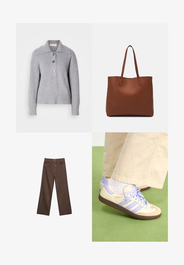 Šedý vlněný svetr s žebrovaným lemem, oversize límcem a třemi velkými knoflíky vpředu. Měkká textura. Uvolněný, pohodlný střih.; Hnědé džíny s širokými nohavicemi vyrobené z denimu, s vysokým pasem, předními kapsami a klasickým zapínáním na knoflík. Hladká textura s jemným švem.; Krémové a levandulové tenisky se třemi pruhy a texturovanou hnědou podrážkou, vybavené tkaničkami a polstrovanou patou. Měkký textilní svršek.; Hnědá kožená taška přes rameno s hladkou texturou, otevřeným designem a dvěma ramenními popruhy. Obsahuje minimální švy a žádné viditelné kovové prvky.