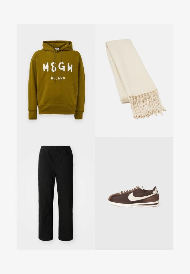 Olive green hoodie with "MSGM MILANO" text in white on front, featuring a front kangaroo pocket and drawstring hood.; Black cotton trousers with a relaxed fit, elastic waistband, two front pockets, and straight legs. Smooth texture with no visible patterns.; Brown sneaker featuring a mix of suede and canvas materials, with a white Nike swoosh logo and a textured rubber outsole.; Beige scarf made of soft fabric, featuring a smooth texture and fringed ends. The design is simple and rectangular in shape.