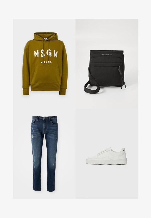 Maslinasto zeleni dukserica s kapuljačom, s natpisom "MSGM MILANO" u bijeloj boji na prednjoj strani, koja sadrži klasičan džep na prednjoj strani i podesivu kapuljaču.; Tamno plave traperice slim kroja, s blagim oštećenjem na bedrima i koljenima, klasičnog pet džepnog dizajna i zatvaranjem na gumb.; Bijele kožne tenisice s glatkom površinom, okruglim vrhom, ravnim vezicama i teksturiranom potplatom. Imaju suptilan logo na peti.; Crna Emporio Armani torba preko ramena s prednjim džepom na patent, podesivim remenom i logotipom na teksturiranom materijalu.