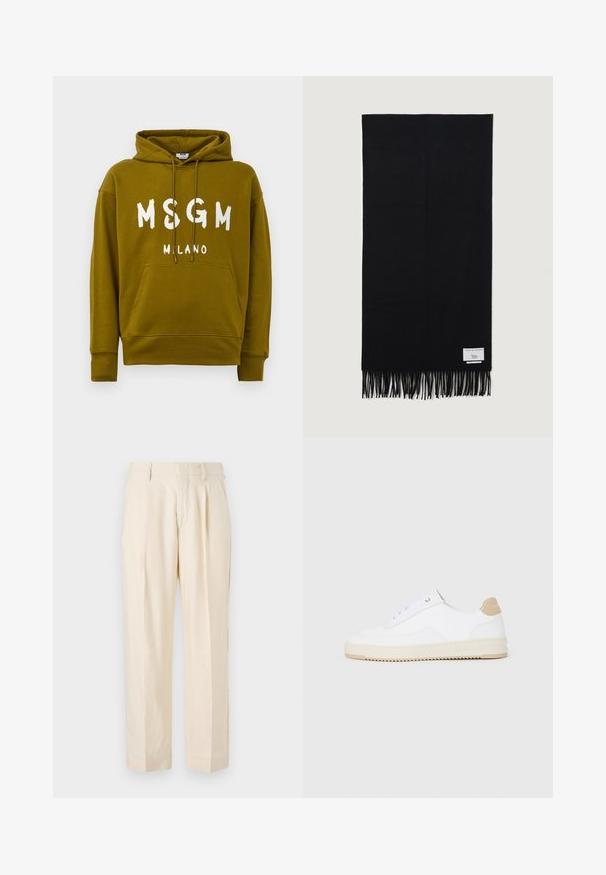 Olivovo zelená mikina s kapucňou s bielym nápisom "MSGM MILANO" na prednej strane, ktorá má predné klokaní vrecko a nastaviteľnú kapucňu.; NN.07 KAY - Nohavice - off white; Biele nízke tenisky s textúrovaným koženým zvrškom, krémovou drážkovanou podrážkou a akcentom v hnedej farbe na podpätku. Majú biele šnúrky a detail loga na päte.; Čierny šál vyrobený z jemného materiálu, s dlhými strapcami na koncoch a malou značkovou etiketou na jednej strane.