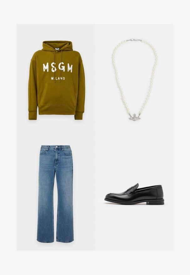 Felpa verde oliva con testo "MSGM MILANO" in bianco sul davanti, dotata di tasca a marsupio frontale e cappuccio regolabile con lacci.; Jeans a gamba larga blu in denim con una finitura sbiadita. Presentano cinque tasche, una chiusura con bottone frontale e una vestibilità dritta.; Mocassini neri in pelle con una texture liscia, punta arrotondata e una striscia decorativa sulla tomaia. Tacco basso impilato, design minimalista.; Collana di perle con chiusura in tono argento. Caratterizzata da perle bianche rotonde e un centro decorativo impreziosito da strass.