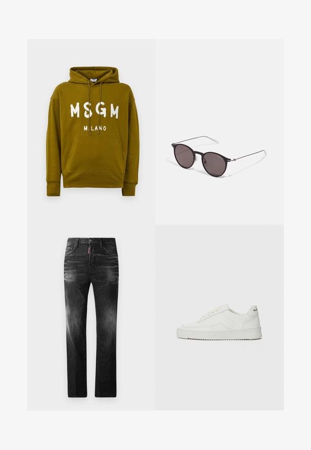 Olive green hoodie with "MSGM MILANO" text in white on front, featuring a front kangaroo pocket and drawstring hood.; Black denim jeans with a straight fit. Features faded areas, minor distressing, classic five-pocket design, and a button closure.; White leather sneaker with a smooth finish, round toe, flat laces, and a textured sole. Features a subtle logo on the heel.; Black round sunglasses with dark lenses and slim metal arms. Includes clear temple tips and silver accents at the hinge. Minimalist design.