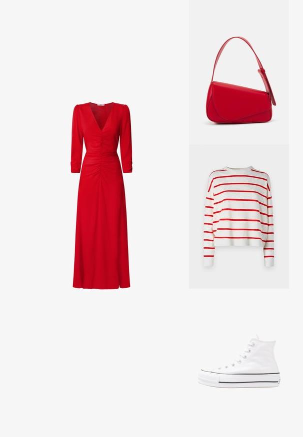 Balts džemperis ar izteiktiem sarkanajiem horizontālajiem svītrām, ribota apkakle un garām piedurknēm. Audums izskatās mīksts un viegls.; Sarkana kleita ar V veida kakla izgriezumu, trīs ceturtdaļu piedurknēm un ruched detaļām viduklī un mugurā. Audums izskatās gluds un viegls.; Balti augstie kanvas sporta apavi ar melnu gumijas zoli, priekšējo gumijas purngalu un sešām acīm lencēm, kuriem ir tīrs, minimālistisks dizains.; Sarkans ādas rokassomi ar stūrainu, ģeometrisku dizainu. Iekļauj vienu regulējamu siksnu un vāku ar izšūtu detaļu.