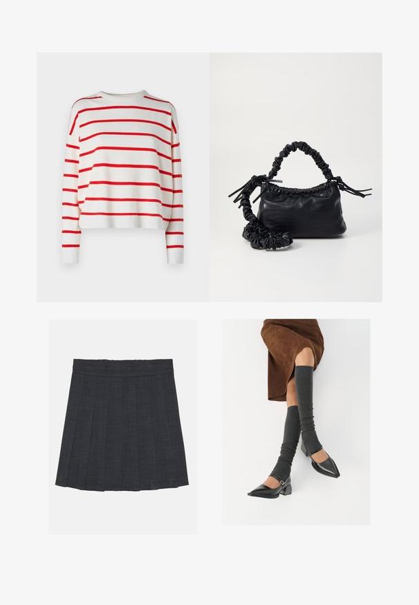 Weißer Pullover mit kräftigen roten horizontalen Streifen, geripptem Rundhalsausschnitt und langen Ärmeln. Der Stoff wirkt weich und leicht.; Dunkelgrauer, plissierter Rock mit elastischem Bund, aus einem strukturierten Stoff und in klassischer A-Linie. Geeignet für die Freizeit.; Schwarze lacklederne spitze Schuhe mit Blockabsatz und Knöchelriemen, kombiniert mit grauen gerippten Beinstulpen und einem braunen Wildlederrock.; Schwarze Handtasche aus Kunstleder mit Krokodilstruktur, gerafftem oberen Teil und einem geschoppten Tragegurt. Sie wirkt weich und kompakt im Design.