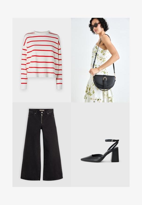White sweater with bold red horizontal stripes, ribbed crew neckline, and long sleeves. The fabric appears soft and lightweight.; Wide-leg jeans in black denim with a zippered front, five-pocket design, and subtle stitching details. Smooth texture and casual style.; Black leather pointy-toe pump with an ankle strap and a chunky heel. Flat texture, sleek design, and minimalistic aesthetics.; Black leather handbag with a curved shape, detachable strap, and gold hardware. The bag features a flap with a buckle detail.