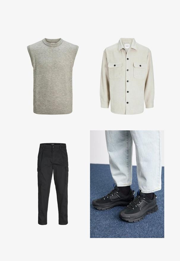 Svijetlosiva pletena bezrukava pulover prsluk s rebrastim okruglim izrezom, otvorima za ruke i rubom.; Bež flanel košulja s ovratnikom, koja ima dva džepa na prsima, crne gumbe i duge rukave s dugmadima na manžetama.; Crne cargo hlače izrađene od čvrstog materijala, s brojnim džepovima, kopčanjem na gumb i dizajnom koji pomaže da se prilagode tijelu sa suženim nogavicama.; Crne atletske cipele s teksturiranom tkaninom i gumene potplate, s elastičnim vezicama i plavim akcentom na peti. Nosene su s svijetlim trapericama.