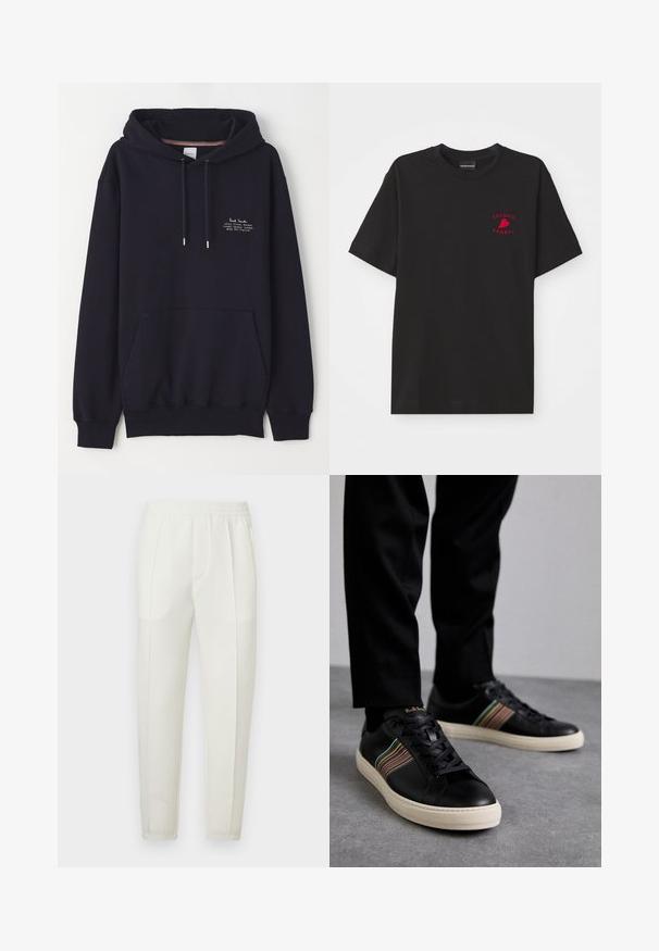 Granatowy hoodie z przednią kieszenią, sznurkami do regulacji i małym białym napisem z informacjami o marce i adresie. Wykonany z miękkiego materiału.; Czarny bawełniany t-shirt z okrągłym dekoltem i krótkimi rękawami; posiada czerwone haftowane logo "Emporio Armani" oraz serce na klatce piersiowej.; Białe, dopasowane spodnie z elastycznym pasem, wyposażone w dwie boczne kieszenie oraz gładką, lekko błyszczącą fakturę.; Czarne skórzane sneakersy z wielokolorowymi paskami, okrągłym noskiem i białą gumową podeszwą, z zapięciem na sznurowadła i wytłoczonym logo.