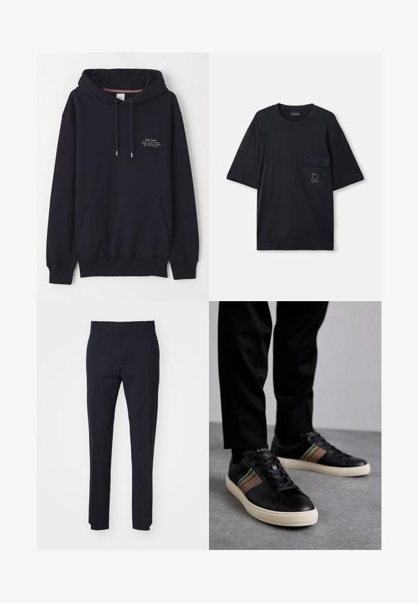 Felpa blu navy con tasca frontale, coulisse e piccolo testo bianco che dettaglia il marchio e l'indirizzo. Realizzata in tessuto morbido.; T-shirt nero a maniche corte con collo a giro e tasca a patta sul lato sinistro del petto, caratterizzato da un piccolo logo rettangolare.; Pantaloni navy su misura realizzati in tessuto intrecciato, con vita piatta, passanti per la cintura e gamba dritta. Nessun motivo o hardware visibile.; Sneaker in pelle nera con accenti a strisce multicolori, punta rotonda e suole in gomma bianca, dotate di chiusura con lacci e marchio in rilievo.