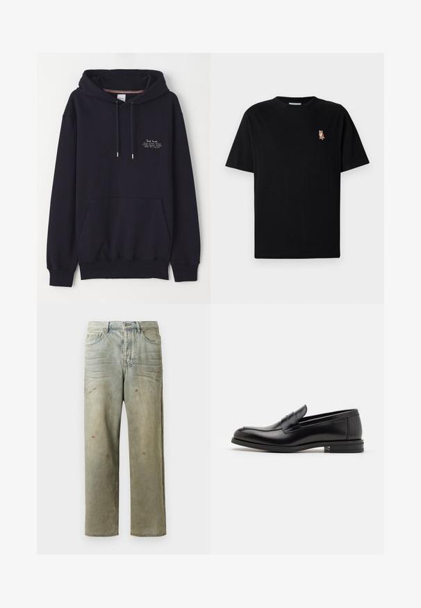 Felpa blu navy con tasca frontale, coulisse e piccolo testo bianco che dettaglia il marchio e l'indirizzo. Realizzata in tessuto morbido.; Maglietta nera a maniche corte con colletto tondo, con un piccolo logo ricamato di una volpe arancione a sinistra sul petto.; Jeans in denim strappato di colore verde chiaro, con gamba dritta, design a cinque tasche, sbiaditure irregolari e schizzi di vernice.; Mocassini neri in pelle con una texture liscia, punta arrotondata e una striscia decorativa sulla tomaia. Tacco basso impilato, design minimalista.