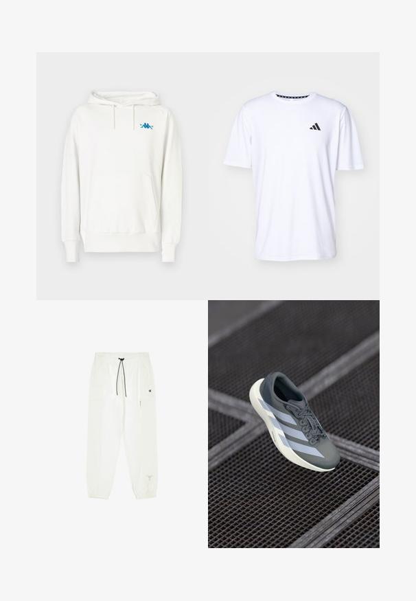 Witte hoodie met een standaard pasvorm, koordjes in de capuchon, kangoeroezak en een blauw Kappa-logo op de linkerkant van de borst, gemaakt van zachte stof.; Witte T-shirt met korte mouwen, gemaakt van stof met een gladde textuur. Heeft een zwart adidas-logo op de linkerborst en een geborduurde kraag.; Witte, lichtgewicht joggers met elastische tailleband en trekkoord. Voorzien van taps toelopende boorden en zijzakken. Versierd met een zwart logo.; Sportschoen in grijs en wit, gemaakt van synthetisch materiaal, met een gestroomlijnd ontwerp, textuurafwerking en een opvallend vetersysteem.