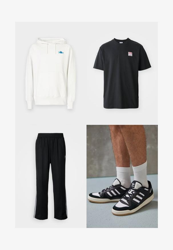 Balta kapučju jakna ar standarta fitu, ar auklu galvā, kanguru kabatu un zilu Kappa logo kreisajā krūtī, izgatavota no mīkstas auduma.; Melna kokvilnas T-krekls ar apaļu kaklu, īsām piedurknēm un nelielu krāsainu etiķeti kreisajā krūtīs, kurā ir vārds "SUPERIOR".; Melni sporta bikses ar elastīgu jostas vietu, kurām ir baltas sānu svītras un neliels logotips. Materiāls izskatās mīksts un viegls.; Melnas un baltas kedas ar zamša un ādas augšdaļu, kas aprīkotas ar trim baltām svītrām, perforētu purngali un gumijas zolēm.