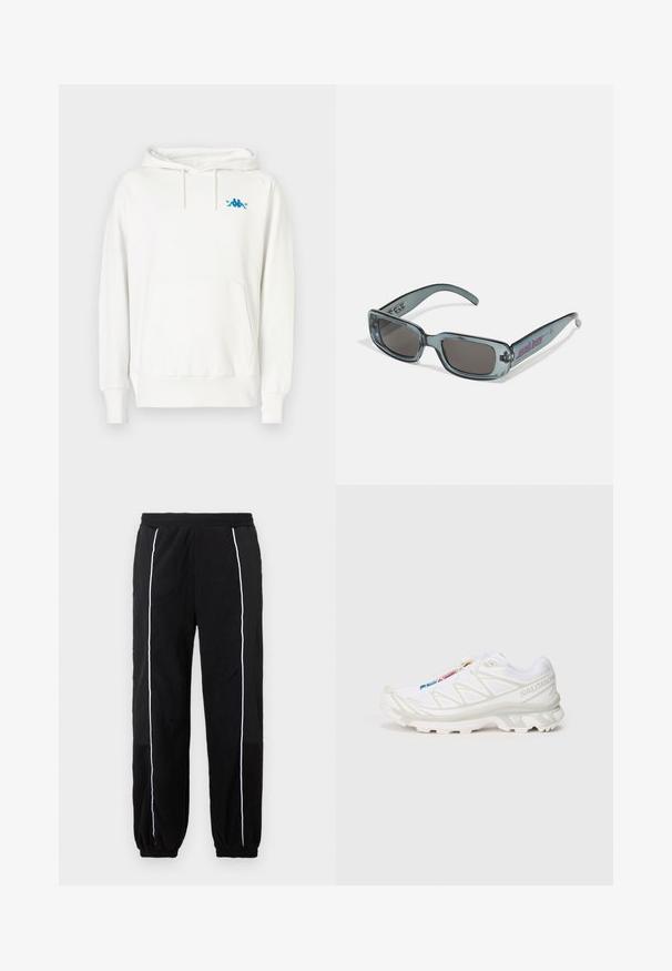 Felpa bianca con vestibilità standard, cappuccio con cordino, tasca a marsupio e logo Kappa blu sul lato sinistro del petto, realizzata in tessuto morbido.; Pantaloni sportivi neri con strisce laterali bianche, vita elastica e polsini. Realizzati in un morbido tessuto testurizzato per comfort e flessibilità.; Scarpa da ginnastica bianca con tomaia in rete testurizzata, dettagli riflettenti e suola ammortizzata. Logo del marchio ben visibile sul lato.; Santa Cruz INFERNO UNISEX - Occhiali da sole - crystal black