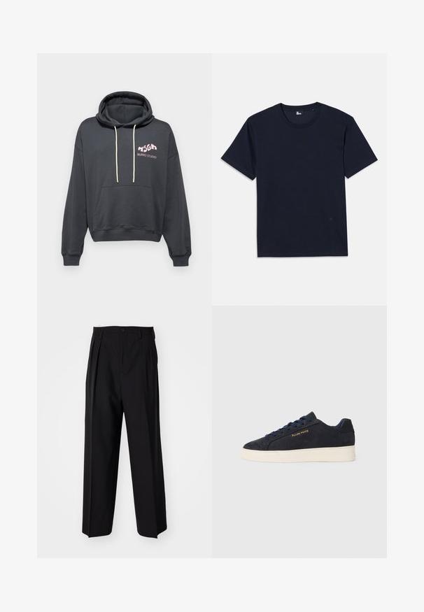 Tumehall kapuutsiga sviiter, millel on ees tasku, tõmbluku kapuuts ja roosa "BURRO STUDIO" logo. Pehme materjal ja mugav lõige.; Tumed sinine puuvillane T-särk lühikeste varrukatega, ümmarguse kaeluse ja minimaalsete õmblusdetailidega. Lihtne disain ilma nähtavate mustrite või aktsentideta.; Mustad volditud püksid sirge ja laia säärega disainiga. Valmistatud siledast kangast, millel on nuppudega sulgemine ja vööaasad.; Tumedat sinine seemisnahast madala profiiliga tennis, valge tossutald, tumesinised paelad ning küljes kuldne "Filling Pieces" logo.