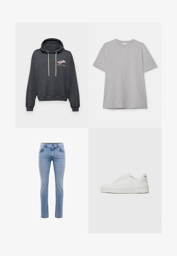 Dark gray hoodie with a front pocket, drawstring hood, and pink “BURRO STUDIO” logo. Soft fabric with a casual fit.; Gray short-sleeve T-shirt made from soft, textured fabric. Features a classic crew neck and a straight hem, suitable for casual wear.; Light blue denim jeans with a slim fit, five pockets, and a straight leg design. Features a zipper fly and belt loops. Soft texture.; White leather sneaker with a smooth finish, round toe, flat laces, and a textured sole. Features a subtle logo on the heel.