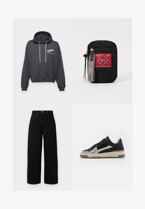 Dunkelgrauer Hoodie mit einer Vordertasche, Kapuze mit Kordelzug und pinkem "BURRO STUDIO"-Logo. Weicher Stoff mit lässiger Passform.; Schwarze Baumwoll-Hosen mit weitem Bein, hoher Taille, Fronttaschen, silberfarbenem Knopf und sauberem Saum.; Sneaker mit schwarzen und grauen Paneelen, strukturiertem Mesh, glattem Leder und einer cremefarbigen Gummisohle mit minimalistischem Design.; Schwarze Tasche aus strukturiertem Stoff, mit einem roten Patch mit Logo, Reißverschluss und einem grauen Tragegurt mit eingeprägtem Markennamen.