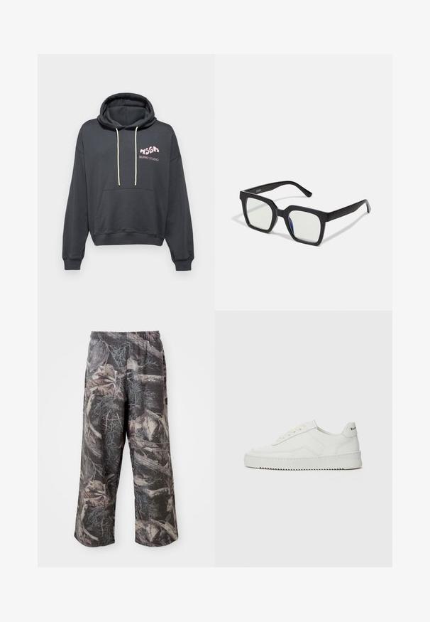Tmavě šedá mikina s kapucí, přední kapsou a růžovým logem "BURRO STUDIO". Měkký materiál s volným střihem.; Kalhoty s širokými nohavicemi v maskáčovém vzoru s tlumenou šedou a hnědou barevnou kombinací, elastickým pasem a volným střihem pro zvýšení pohodlí a pohyblivosti.; Bílé kožené tenisky s hladkým povrchem, kulatou špičkou, plochými tkaničkami a texturovanou podrážkou. Na patě se nachází nenápadné logo.; Černé sluneční brýle čtvercového tvaru s matným povrchem, transparentními skly a mírným modrým nádechem na jedné straně. Robustní, ostrý design.