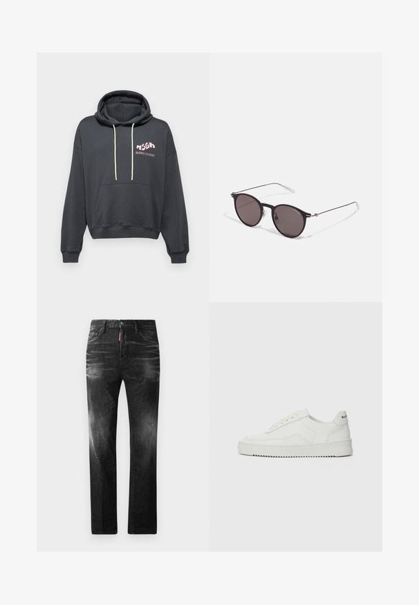 Felpa grigio scuro con tasca frontale, cappuccio con coulisse e logo rosa "BURRO STUDIO". Tessuto morbido con una vestibilità casual.; Jeans in denim nero con vestibilità dritta. Presentano aree sbiadite, leggeri segni di usura, classico design a cinque tasche e chiusura con bottone.; Sneaker in pelle bianca con una finitura liscia, punta rotonda, lacci piatti e suola testurizzata. Presenta un logo discreto sul tallone.; Occhiali da sole neri rotondi con lenti scure e sottili bracci in metallo. Include punte trasparenti e accenti argentati alla cerniera. Design minimalista.