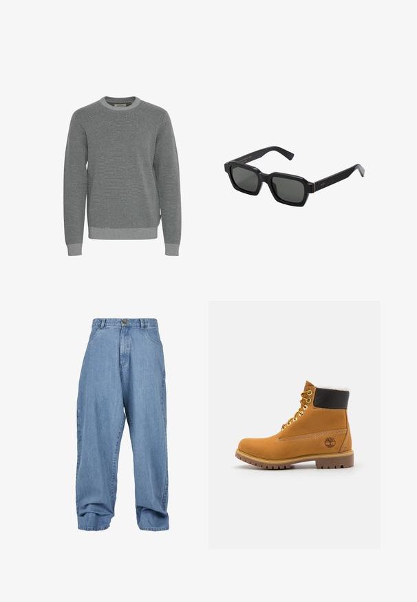 Pull en tricot gris avec un col rond, des manches longues et des bords côtelés. Présente un tissu texturé et un motif subtil sur l'ensemble.; Polo shirt blanc en coton. Présente un col classique, une patte de boutonnage à trois boutons et des manches courtes. Logo discret brodé sur la poitrine.; Pantalon en denim bleu clair avec une coupe ample, fermeture à bouton, poches avant et ourlet retroussé, doté d'un design classique à cinq poches.; Bottine en cuir brun avec œillets en métal, doublure en fourrure blanche, col rembourré noir, semelle robuste et logo en relief sur le côté.; Lunettes de soleil noires en forme carrée avec des verres gris. Les montures en plastique épaisses présentent des accents dorés et un logo sur la branche. Texture lisse.