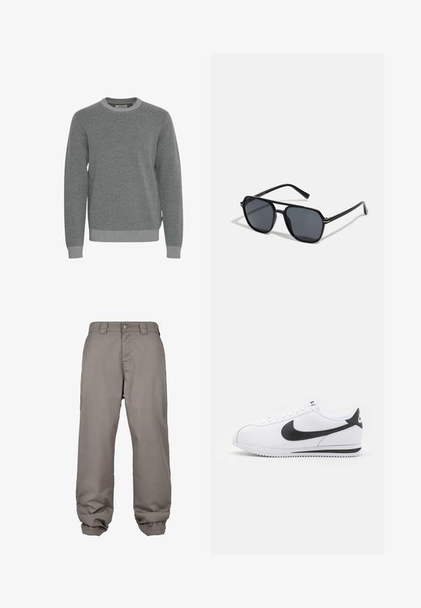 Szary sweter dzianinowy z okrągłym dekoltem, długimi rękawami i prążkowanymi mankietami. Posiada teksturowany materiał oraz subtelny wzór na całej powierzchni.; Jasnoszare spodnie o luźnym kroju, z płaskim przodem, zapięciem na guzik, kieszeniami bocznymi i lekko marszczonymi mankietami dla swobodnego fasonu.; Białe skórzane sneakersy z czarnym logo Nike, płaskimi sznurówkami i teksturowaną gumową podeszwą. Zaokrąglony nosek i wyściełany kołnierz dla komfortu.; Czarne okulary przeciwsłoneczne z ośmiokątną oprawką, ciemnymi soczewkami, błyszczącym wykończeniem, cienkimi zausznikami i złotymi akcentami na przodzie.