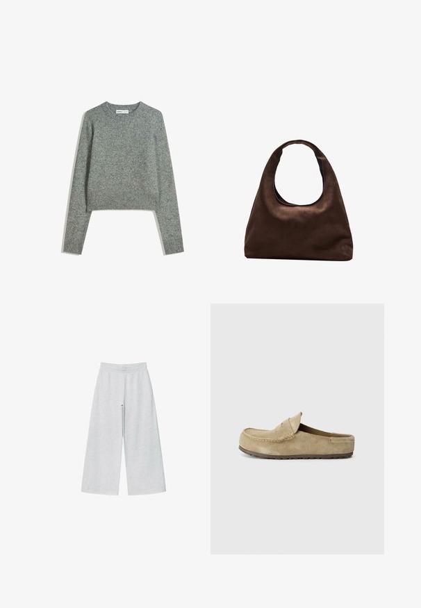 Světle šedý zkrácený svetr vyrobený z měkkého, texturovaného materiálu. Má dlouhé rukávy, vroubkovaný výstřih a vroubkovaný lem. Jednoduchý design.; Světle šedé široké kalhoty vyrobené z měkkého materiálu s elastickým páskem. Design má volný střih pro pohodlí a snadný pohyb.; Birkenstock NAPLES WRAPPED LEVE TAUPEN - REGULAR - Pantofle - taupe; Měkká hnědá kabelka ve stylu hobo s jedním širokým popruhem a zakřiveným horním otvorem, vystavená na bílém pozadí.