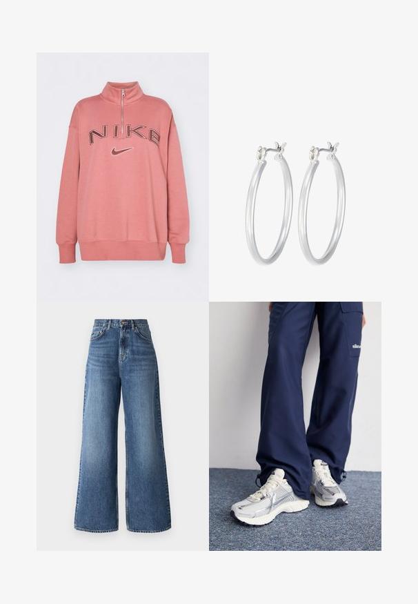 Nike Sportswear LOGO - Ikdienas džemperis - canyon pink/orewood/red sepia; Augstās jostas vidukļa plašās bikses, kas izgatavotas no gaiši zilas denim auduma, ar klasisku piecu kabatu dizainu un vieglu izbalēšanu gar kājām.; Nike sporta apavi ar sudraba sietu augšdaļu, baltām akcentiem un teksturētām zolēm, saskaņoti ar brīviem zila toņa biksēm.; Sudraba riņķveida auss gredzeni ar gludu, pulētu apdari. Apaļa forma un drošs klikšķa augšējais slēgums. Viegls dizains, kas piemērots ikdienas valkāšanai.