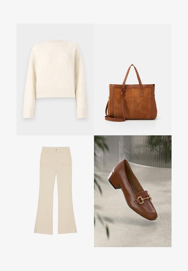 Krémový zkrácený svetr z měkké, texturované látky. Má kulatý výstřih a žebrované manžety s uvolněnými rameny pro volný střih.; Béžové zvonové kalhoty s vysokým pasem, vyrobené z bavlněné tkaniny. Obsahují přední a zadní kapsy, poutka na opasek a jeden stříbrný knoflík.; Hnědé lakované kožené mokasíny se čtveratou špičkou, kovovým řetízkovým akcentem a nízkým blokovým podpatkem; hladká textura, minimalistický design.; Hnědá semišová taška přes rameno s koženými akcenty, která má dvě uchy, odnímatelný ramenní popruh a jednoduchý, strukturovaný design.