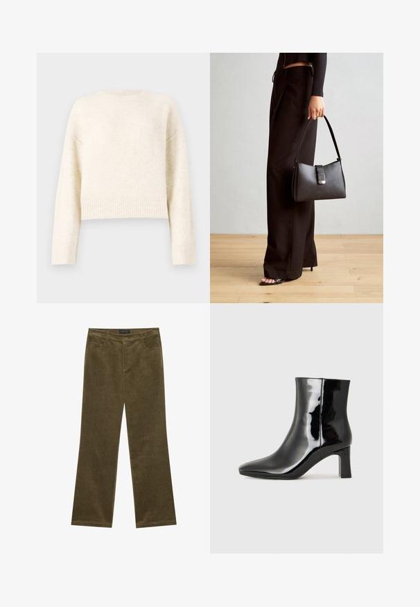Cremfarbener, verkürzter Pullover aus einem weichen, strukturierten Stoff. Mit rundem Ausschnitt und gerippten Bündchen sowie überschnittenen Schultern für eine lässige Passform.; Olivgrüne Cord- Schlaghosen mit fünf Taschen, sichtbaren Nähten und einem Knopfverschluss an der Taille für einen sicheren Sitz.; Schwarzer Lackleder-Stiefelette mit spitzer Zehe und einem mittelhohen Blockabsatz. Glatte Textur und minimalistisches Design.; Schwarze Handtasche mit strukturierter Form, glatter Textur und einem metallischen Verschluss. Kombiniert mit weiten schwarzen Hosen und offenen Sandalen auf einem Holzboden.