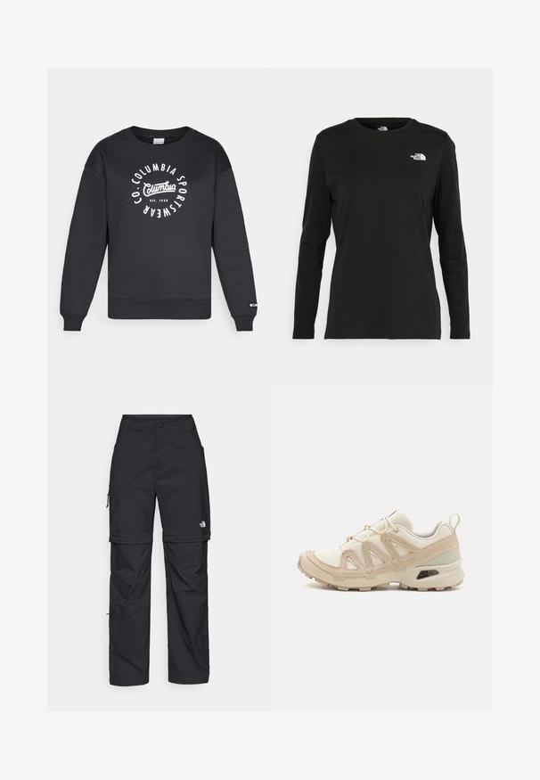 Sweatshirt preto com gola redonda, punhos e barra canelados. Apresenta um logótipo circular branco com o texto "Columbia Sportswear" e a data de fundação.; T-shirt preto de mangas longas, feito de algodão, com decote redondo. Apresenta um pequeno logótipo branco na área esquerda do peito. Design simples e ajuste confortável.; Calças cargo pretas em nylon com fechos de correr removíveis, punhos ajustáveis, múltiplos bolsos e um logótipo na perna direita. Textura suave e leve.; Sapatilha atlética beige e creme com parte superior em malha texturizada, sobreposições de suporte e sola de borracha com um padrão de cravo para tração.