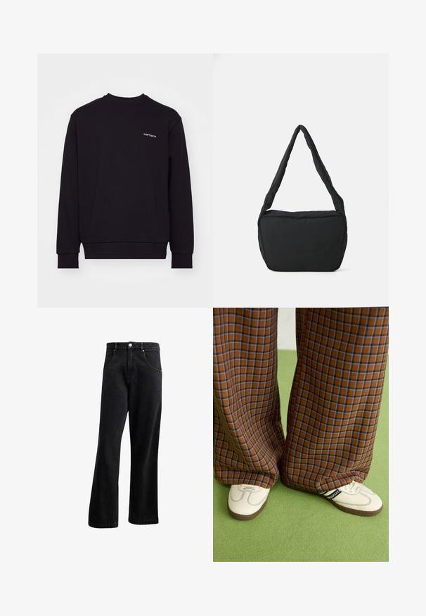 Sweatshirt noir en matériau doux avec un col rond, des manches longues et des poignets côtelés. Présente un petit logo blanc sur la poitrine.; Jeans en denim noir avec une coupe droite, dotés de poches avant, d'une fermeture à bouton et d'une légère texture. Comprend un détail de logo subtil.; Un pantalon large à carreaux marron et bleu associé à des chaussures blanches avec des accents noirs et des semelles texturées, le tout sur fond vert.; Sac à épaule noir avec une texture rembourrée, une forme arrondie et une large bandoulière, arborant un logo embossé sur le devant.