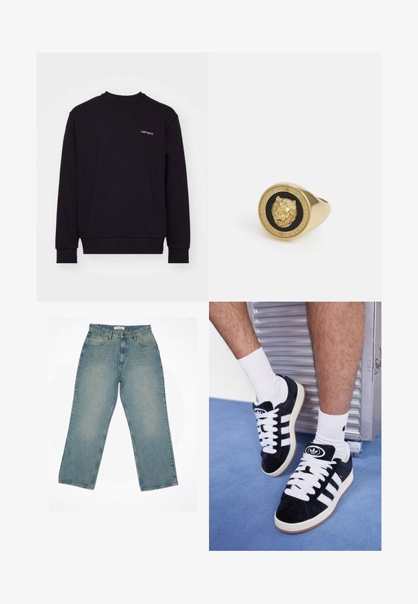 Sweatshirt noir en matériau doux avec un col rond, des manches longues et des poignets côtelés. Présente un petit logo blanc sur la poitrine.; Jean en denim bleu clair avec une taille haute et une coupe large. Présente des poches avant, une fermeture éclair et des détails de couture visibles.; Baskets en suede noir avec des lacets blancs et trois rayures blanches. Présente un logo circulaire noir sur la languette et une semelle en caoutchouc beige.; Bague dorée présentant un motif de lion en relief sur fond noir, entourée d'un anneau circulaire gravé au nom de la marque.