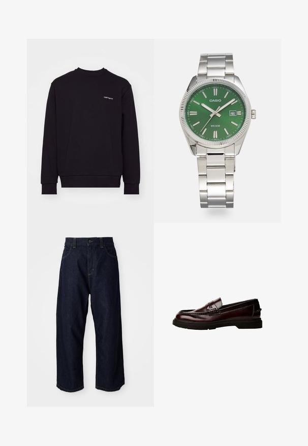 Felpa nera realizzata in morbido materiale, con collo a giro e maniche lunghe, e polsini a coste. Presenta un piccolo logo bianco sul petto.; Pantaloni in denim blu scuro con una vestibilità rilassata, dotati di chiusura con bottoni, passanti per la cintura e cuciture gialle su tasche e cuciture.; Mocassini in pelle marrone con punta arrotondata, cuciture dettagliate e suola in gomma. Presentano una fascia decorativa e una texture liscia.; Orologio in acciaio inossidabile argentato con quadrante rotondo verde, marcatori delle ore argentati, display della data e bracciale a maglie in metallo. Resistente all'acqua fino a 50 metri.