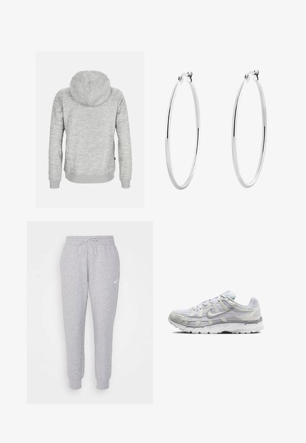 Felpa grigia con tessuto texturizzato, cappuccio con cordino e polsini a coste. Presenta un design in tinta unita e una vestibilità rilassata in vita.; Pantaloni della tuta grigi chiari con vita regolabile, gamba affusolata e un piccolo logo bianco sulla coscia sinistra. Realizzati in un morbido tessuto texture.; Scarpe da ginnastica grigio chiaro con tomaia in rete e sintetico, dotate di chiusura con lacci, collo imbottito e suola testurizzata per una migliore aderenza.; Orecchini a cerchio in argento con finitura liscia e lucida e design senza soluzione di continuità, caratterizzati da bordi arrotondati e una chiusura sicura.