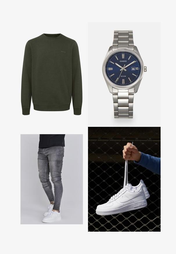 Olivno zelena sweatshirt iz mehkega materiala, z okroglo ovratnikom, dolgimi rokavi in rebrastimi manšetami. Diskretna 'blend' oznaka v usklajeni barvi.; Oprijete jeans hlače iz izbledele sive denima, z obrabljenimi detajli na kolenih, v kombinaciji z belimi športnimi copati. Gladka tekstura, oblikovan slim fit dizajn.; Bela usnjena športna obutev s perforacijami, okroglo konico, ravnim podplatom in debelimi vezalkami, z vidnim logotipom smoosh in napisom "AIR" na peti.; Srebrna nerjaveča jeklena ura z modrim številčnico, kovinskimi kazalci ter oknom za datum na 3. uri. Vodoodporna do 50 metrov.