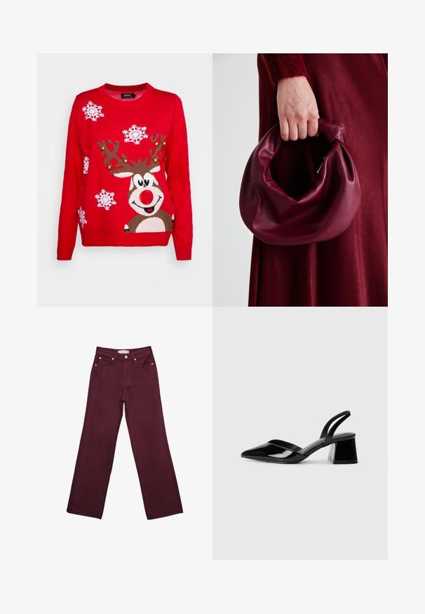 ONLY XMAS BELL LS EX - Maglione - red; Jeans bordeaux a vita alta con design a gamba dritta, dotati di tasche frontali, chiusura con bottone e rifiniture in tono rame.; Décolleté in vernice nera con punta affusolata e tacco in geometria cubica. Presentano un design elegante e minimalista, con una texture liscia.; Borsa in pelle bordeaux con un design morbido e arricciato e una forma arrotondata. Il manico è fissato, mostrando una texture liscia.