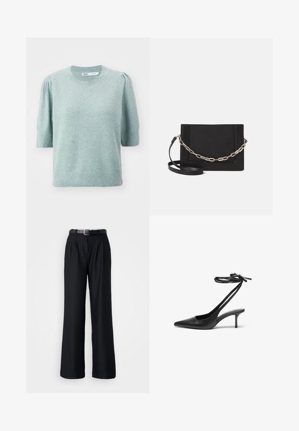 Šviesiai žalias trumpomis rankovėmis megztinis, pagamintas iš minkštos medžiagos, su apvalia iškirpte ir subtiliu pūsto peties dizainu. Ribsai rankogaliuose ir apatinėje dalyje.; Juodos plačių kojų kelnės, pagamintos iš sklandžios medžiagos, su priekinių raukšlių detalėmis ir atitinkamu juodu diržu su sidabriniu užsegimu.; Juodas odinis stiletto batelis su smailiu nosiu, atvira nugara ir užrištomis kulkšnies juostelėmis. Plonas 3 colių kulnas. Lygi tekstūra, minimalistinis dizainas.; Juodas odinis per petį nešiojamas krepšys turi lygų paviršių, stačiakampio formą ir metalinę grandinėlę priekyje. Pridedama reguliuojama dirželis.; Sidabrinis dvigubas žiedas su lygiu, poliruotu paviršiumi. Pasižymi sklandžiu, kreiptu dizainu su persipinančiomis dalimis, suteikiančiomis modernų išvaizdą.