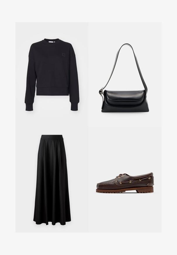 Zwarte cropped sweatshirt met lange mouwen, ronde hals en geribde manchetten. Heeft een klein zwart logopatch op de linkerkant van de borst. Zachte textuur.; Zwarte rok tot op de vloer met een gladde textuur, brede tailleband en geplooid ontwerp, zonder zichtbare patronen of versieringen.; Bruine leren bootsschoen met gouden oogjes, ronde veters en een gestructureerde bruine rubberen zool. Kenmerkt zich door gestikte details en een verhoogd logo.; Zwarte leren handtas met een gestructureerde vorm, een gladde textuur en een enkele schouderband. Heeft een subtiele, afgeronde klepontwerp.