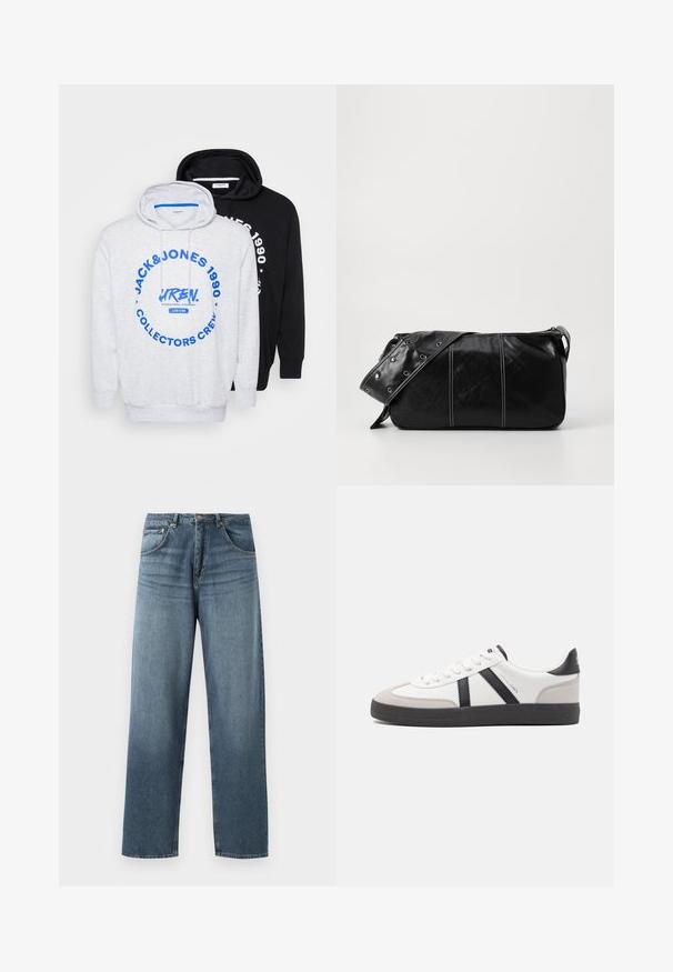 Dve mikiny: jedna sivá s modrým grafickým textom a veľkým kruhovým dizajnom a jedna jednoducho čierna, obe s kapucňami na šnúrky a so zúženými manžetami.; Džíny z modrej denimovej látky s rovným strihom a vyblednutým umývaním, s piatimi vreckami, kovovým gombíkom a pútkami na opasok. Pevná, stredne ťažká tkanina.; Biele tenisky s čiernymi a šedými akcentmi, s textúrovanou šedou špičkou, čiernou gumovou podrážkou a plochými bielymi šnúrkami. Čistý dizajn, minimalistický štýl.; Čierna kožená kabelka cez plece so zipsovým uzáverom, so štruktúrovaným telom, bielym prešívaním a popruhom so striebornými očkami.