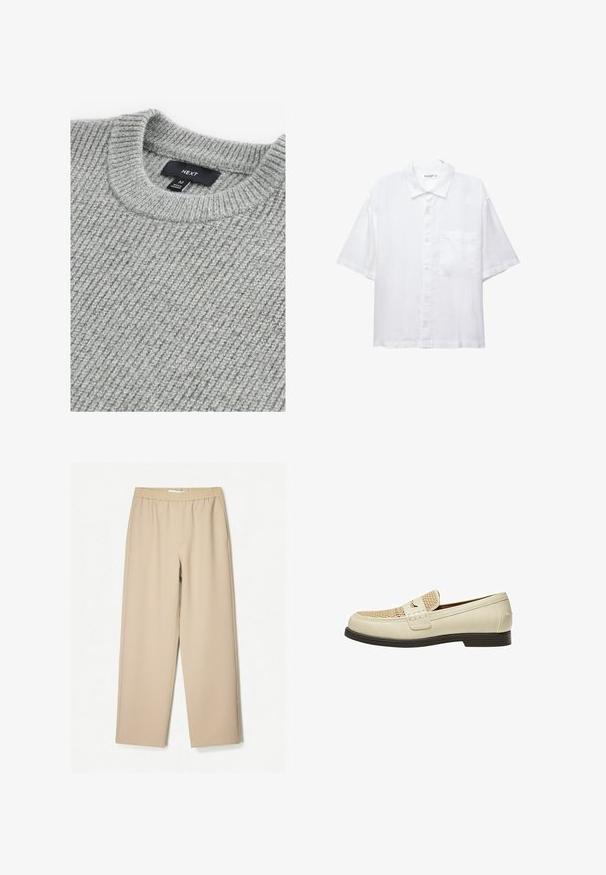 Šedý pletený sveter s rebrovanou textúrou, okrúhlym výstrihom a štítkom označujúcim veľkosť M. Materiál vyzerá mäkko a hrubo.; Biela košeľa s krátkymi rukávmi, s zapínaním na gombíky, golierom a jednou malou náprsní kapsou. Vyrobená z ľahkého materiálu s hladkou textúrou.; Béžové široké nohavice s elastickým pásom, vyrobené z mäkkej tkaniny, s hladkým povrchom a minimálnymi detailmi šitia.; Bežové kožené mokasíny s tkaným detailom na špičke a plochou hnedou podrážkou. Obsahujú dekoratívny pás cez prednú časť.