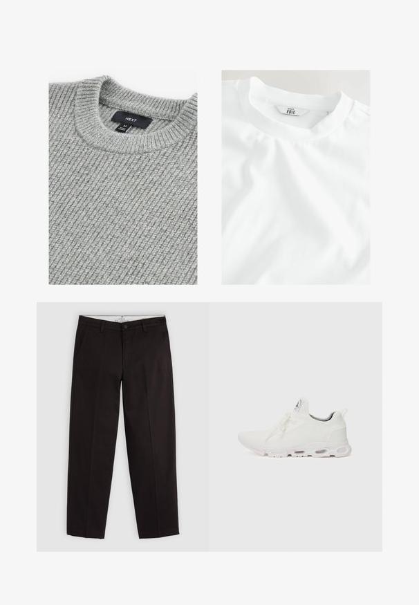 Grauer Strickpullover mit gerippter Textur, runder Ausschnitt und Etikett, das die Größe Medium angibt. Der Stoff wirkt weich und voluminös.; Ein schlichtes weißes T-Shirt mit einer Nahaufnahme des Ausschnitts und des Etiketts, auf dem "NEXT EDIT." auf einem hellen Hintergrund zu sehen ist.; Schwarze Chinos mit geradem Bein, Gürtelschlaufen, Knopfverschluss und Seitentaschen, auf einem hellgrauen Hintergrund präsentiert.; Weiße Sportschuhe mit einem strukturierten Strickobermaterial, flachen Schnürsenkeln und einer gepolsterten Sohle mit sichtbaren Luftkammern für zusätzlichen Halt.