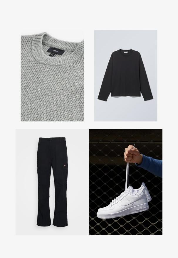 Grå strikketrøje med ribbet tekstur, rund halsudskæring og label der angiver størrelse Medium. Stoffet ser blødt og chunky ud.; Sort langærmet T-shirt lavet af blødt stof. Har en rund hals og en afslappet pasform. Søm detaljer på skuldrene, minimalistisk design.; Sorte cargo bukser med lige ben-design, fremstillet af slidstærkt stof, med sidelommer og et patch-logo på venstre side.; Hvide lædersneakers med perforeringer, rund tå, flad sål og tykke snørebånd, med et synligt swoosh-logo og "AIR" på hælen.