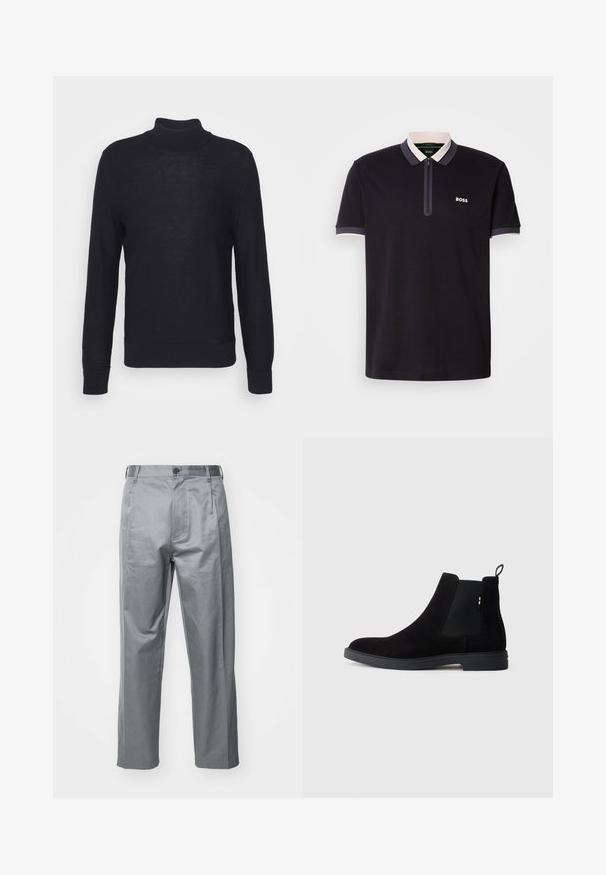 Must mustris, mis kergest kangast, millel on pikad varrukad ning soonikkoes äärised ja alläär. Rinnal diskreetne tonaline bränding.; Mustan puuvillane polo särk, millel on lukuga krae. Omab kontrastset valge ja halli krae äärist. "BOSS" logo vasakul poolel.; Hallitse hägatud puuvillasegused püksid, millel on sirge lõikega disain, ees nupuga kinnitus, vööde augud ja küljetaskud.; Mustad nubuk Chelsea saapad elastsete külgpaneelide, ümarate varvaste ja madala kummitaldiga. Tagaküljel on tõmblõng lihtsaks jalga panemiseks.