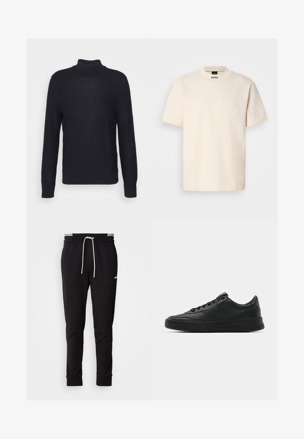 Pulover negru cu guler înalt, fabricat dintr-un material ușor, dotat cu mâneci lungi și cu manșete și margine cu model din tricot. Branding subtil în nuanțe tonale pe piept.; Tricou scurt cu mânecă, de culoare crem, cu guler înalt, având imprimat în negru "BOSS" pe gulerul din față și pe eticheta interioară.; Pantaloni jogger slim-fit negri cu șnur alb, manșete ribbate și un logo discret pe coapsa superioară, pe un fundal simplu.; Nike sport cu partea superioară din piele netedă, vârf rotund, sireturi plate, guler căptușit și design minimalist. Talpă din cauciuc cu un model discret de profil.