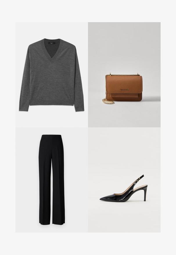 Pilkos V formos kaklo megztinis su ilgomis rankovėmis, pagamintas iš minkštos medžiagos. Savybės: raukšlėta apatinė dalis ir rankogaliai, vienalytė tekstūra, be raštų.; Juodi platūs kelnių kelnės su lygiu paviršiumi, turinčios aukštą liemenį ir centrinės raukšlės. Nėra matomų raštų ar metalinių detalių.; Juodas lakinės odos slingback batelis su smailiu nosiu, plonu kulnu ir subtiliu išpjovos dizainu. Yra auksinė sagtis ant dirželio.; Ruda tekstūruota odinė per petį nešama rankinė su auksiniu grandininiu dirželiu ir užlenkiamo užsegimo. Priekinėje pusėje yra logotipo detalė ir kišenė po užlenkimu.