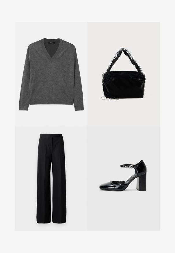 Szürke V-nyakú pulóver hosszú ujjakkal, puha anyagból készült. Bordás szegéllyel és mandzsettával rendelkezik, egységes textúrájú, minták nélkül.; Széles szárú fekete nadrág sima, matt textúrával. Lapos derékpánt, amelyen nincs látható fémrész vagy mintázat. Egyszerű és elegáns dizájn.; Fekete patent bőr, magas sarkú cipők négyzetes orral, bokapánttal és vastag sarkal. A szélén lyukacsos díszítéssel.; Fekete műbőr kézitáska texturált felülettel, amelyen gyöngyökkel díszített ezüstszínű kiegészítő található a felső fogantyún, valamint láncos pánt.